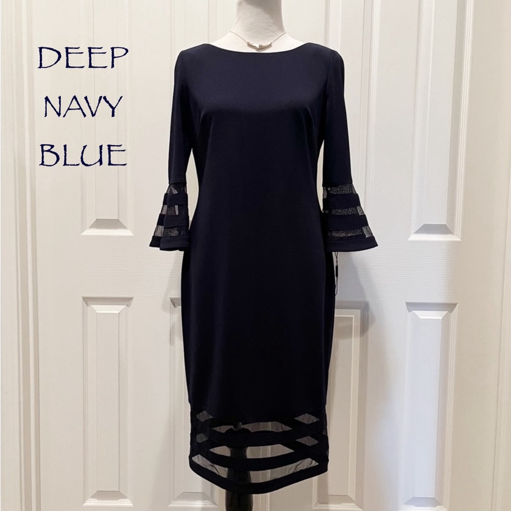 New Navy Blue Midi Sheath Dress - Sheer Stripe Detail - Elegant & Classic